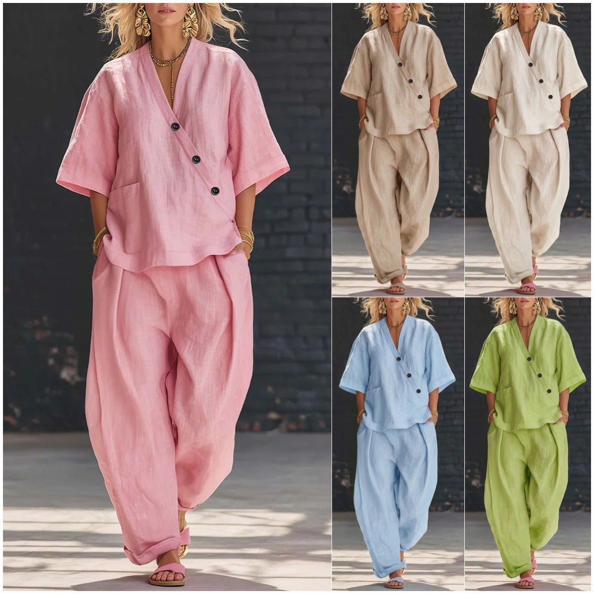 V-Neck Short Sleeve Top & High-Waist Trousers Two-Piece Set - MANDOTOS INTERNATIONALTwo-Piece Set