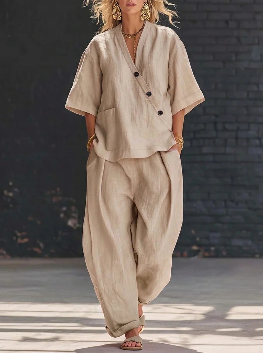 V-Neck Short Sleeve Top & High-Waist Trousers Two-Piece Set - MANDOTOS INTERNATIONALTwo-Piece Set