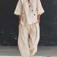 V-Neck Short Sleeve Top & High-Waist Trousers Two-Piece Set - MANDOTOS INTERNATIONALTwo-Piece Set