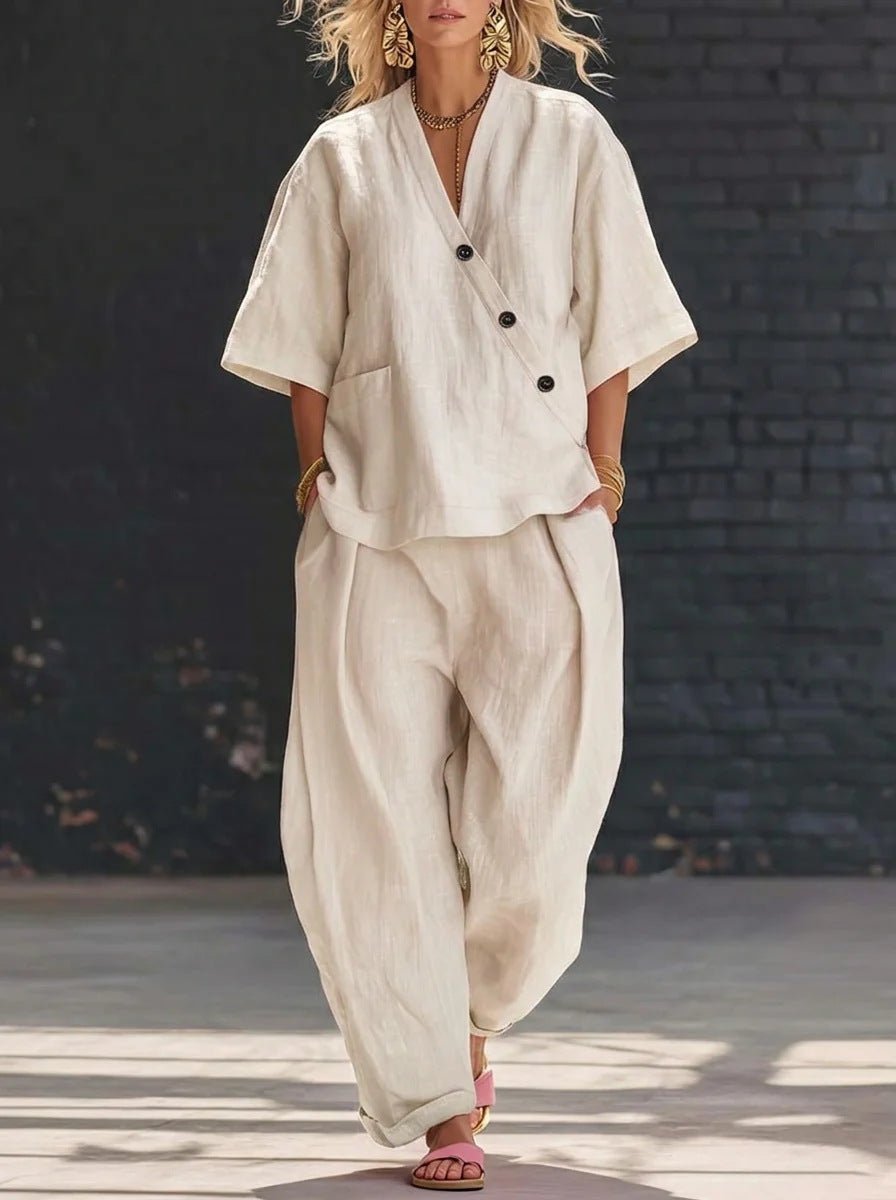 V-Neck Short Sleeve Top & High-Waist Trousers Two-Piece Set - MANDOTOS INTERNATIONALTwo-Piece Set