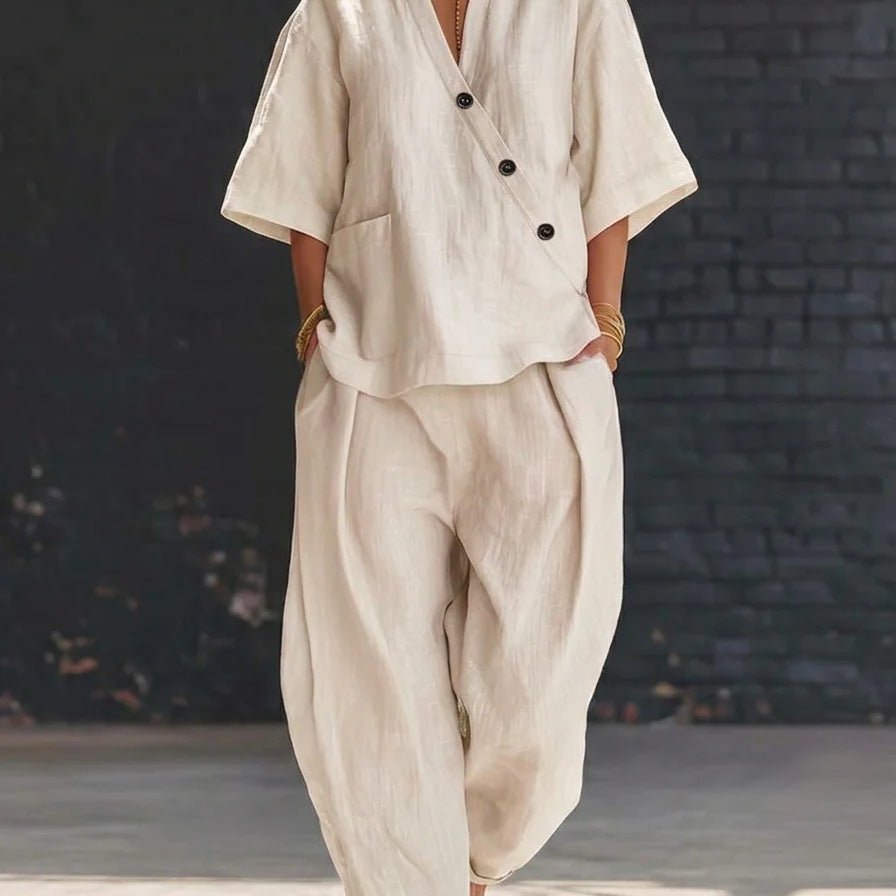 V-Neck Short Sleeve Top & High-Waist Trousers Two-Piece Set - MANDOTOS INTERNATIONALTwo-Piece Set