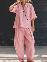 V-Neck Short Sleeve Top & High-Waist Trousers Two-Piece Set - MANDOTOS INTERNATIONALTwo-Piece Set