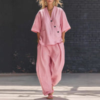 V-Neck Short Sleeve Top & High-Waist Trousers Two-Piece Set - MANDOTOS INTERNATIONALTwo-Piece Set