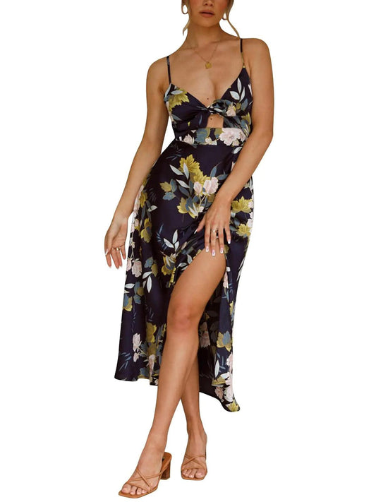 Navy Blue Satin Midi Dress with Tie Front - X-Large - MANDOTOS