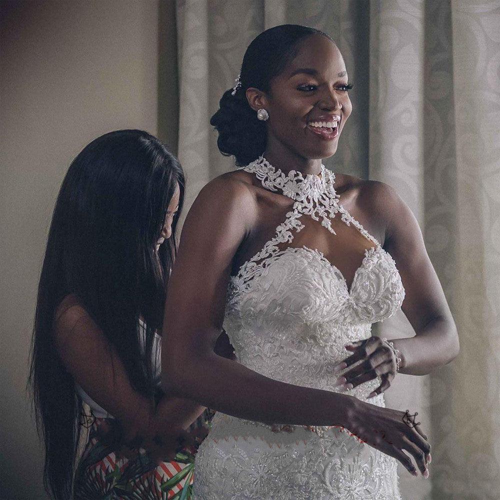 Vintage Lace Beaded Wedding Dresses Sheer Neck Mermaid Bridal Dresses Wedding Gowns - MANDOTOS