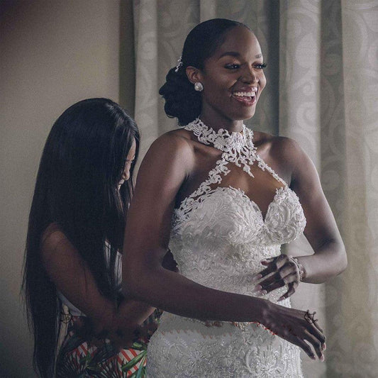 Vintage Lace Beaded Wedding Dresses Sheer Neck Mermaid Bridal Dresses Wedding Gowns - MANDOTOS