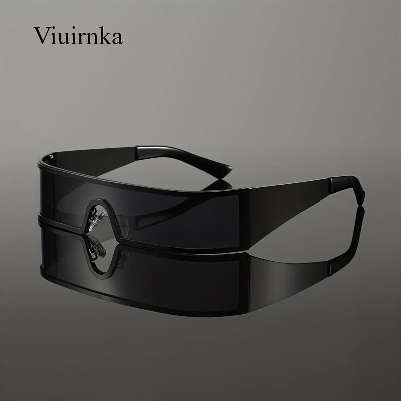 VIUIRNKA Men's Sunglasses, Cyberpunk Metal Wraparound Frame, Wide Temple Futuristic Design With Case, Lightweight Street Style - MANDOTOS INTERNATIONAL