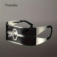 VIUIRNKA Men's Sunglasses, Cyberpunk Metal Wraparound Frame, Wide Temple Futuristic Design With Case, Lightweight Street Style - MANDOTOS INTERNATIONAL