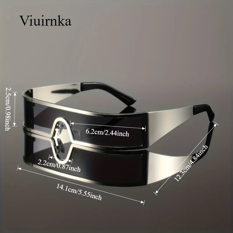 VIUIRNKA Men's Sunglasses, Cyberpunk Metal Wraparound Frame, Wide Temple Futuristic Design With Case, Lightweight Street Style - MANDOTOS INTERNATIONAL