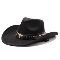 Western cowboy hat with bullhead rivets, curved brim, windproof rope, and felt for outdoor riding and jazz hats - MANDOTOS INTERNATIONAL