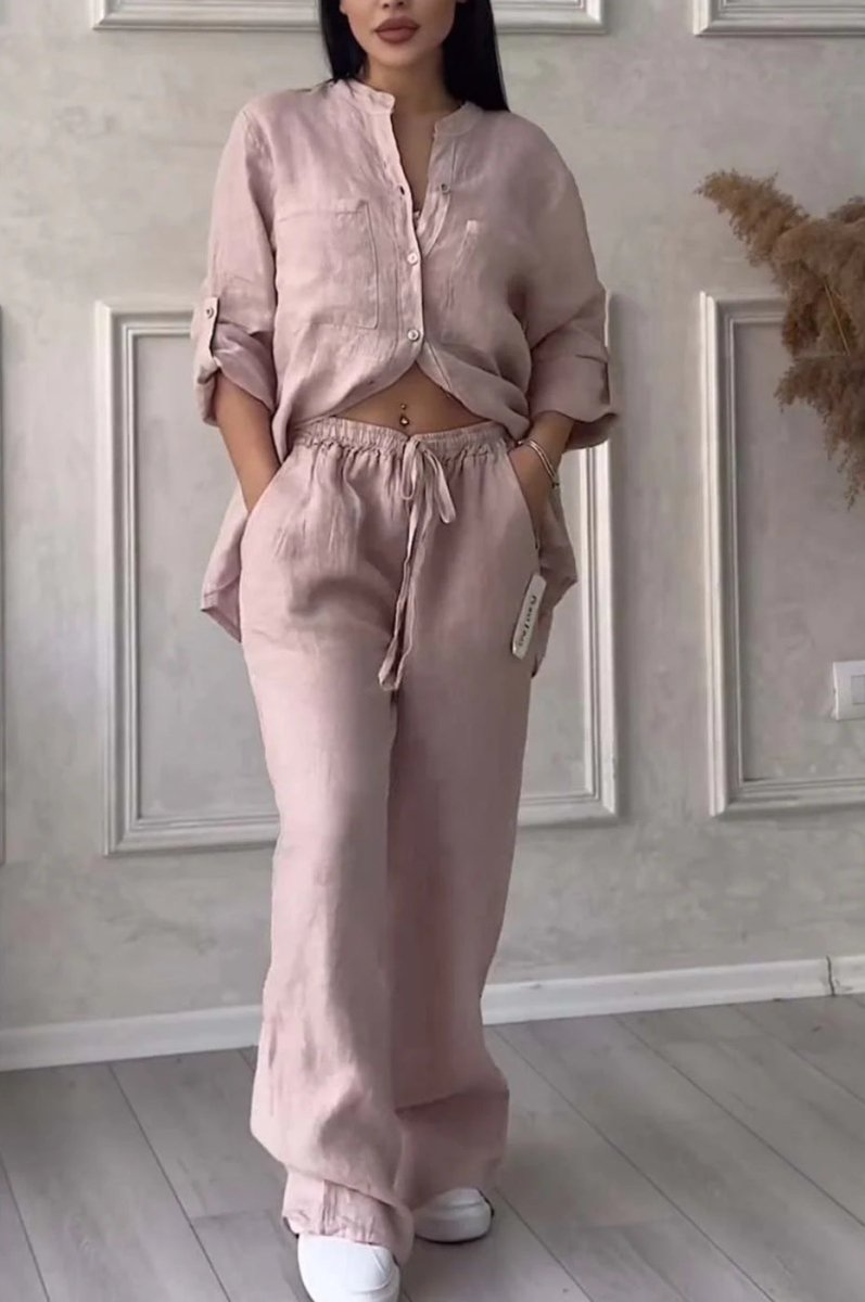 Wide-Leg Pants & Lace-Up Top Two-Piece Set – Solid Color, 12 Colors S–5XL - MANDOTOS INTERNATIONALTwo-Piece Set