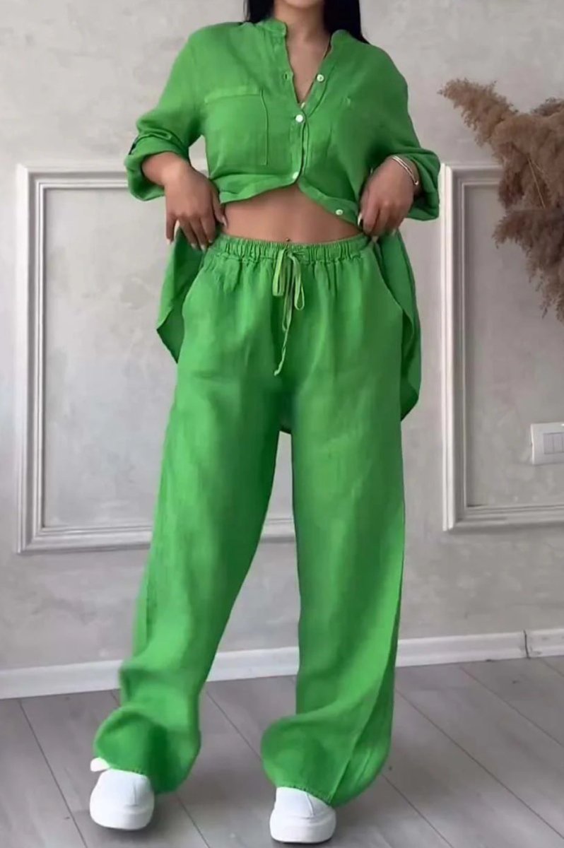 Wide-Leg Pants & Lace-Up Top Two-Piece Set – Solid Color, 12 Colors S–5XL - MANDOTOS INTERNATIONALTwo-Piece Set
