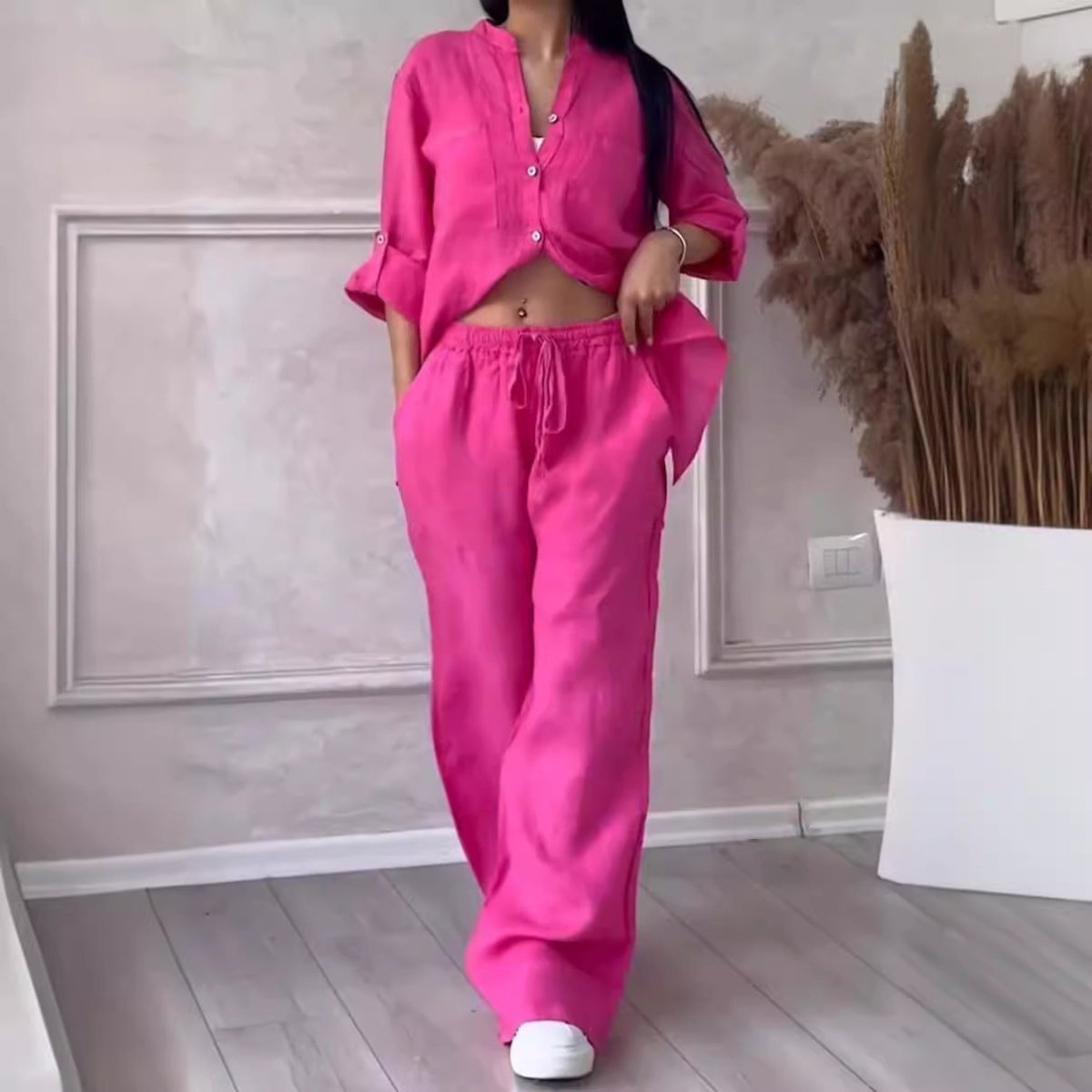 Wide-Leg Pants & Lace-Up Top Two-Piece Set – Solid Color, 12 Colors S–5XL - MANDOTOS INTERNATIONALTwo-Piece Set