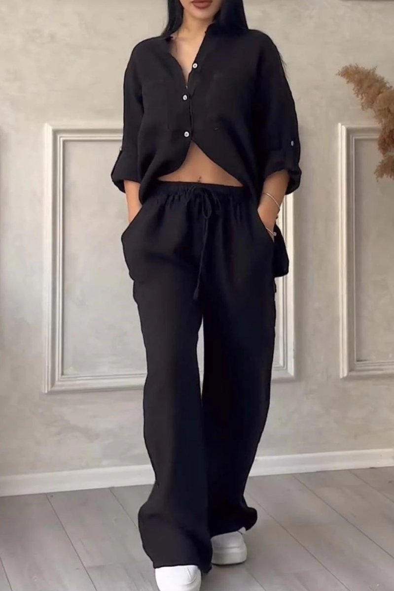 Wide-Leg Pants & Lace-Up Top Two-Piece Set – Solid Color, 12 Colors S–5XL - MANDOTOS INTERNATIONALTwo-Piece Set