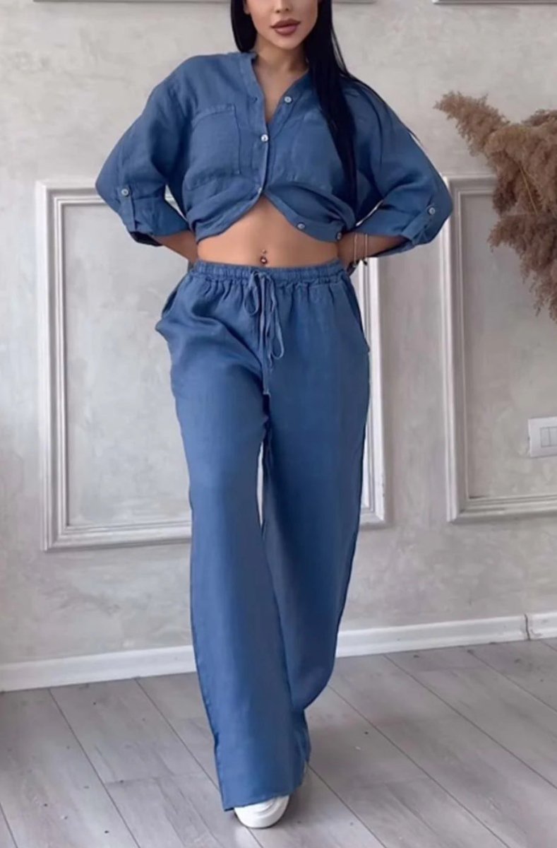 Wide-Leg Pants & Lace-Up Top Two-Piece Set – Solid Color, 12 Colors S–5XL - MANDOTOS INTERNATIONALTwo-Piece Set