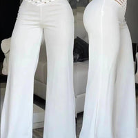 Women Flared Pants Elegant Office Lady Casual High Waist Trousers Spring Summer Solid Crisscross Sheer Mesh Patch Wide Leg Pant - MANDOTOS INTERNATIONAL