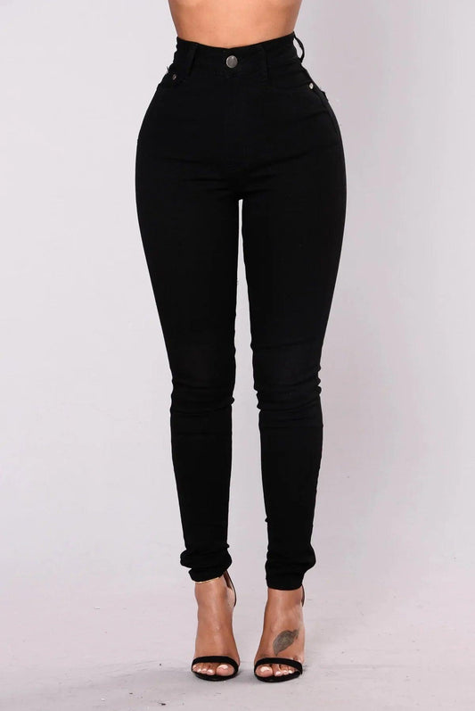 Women High Waist Stretch Hip Lift Denim Skinny Pants Jeans Full Length Sexy Slim Bleachded Solid Color Pants - MANDOTOS