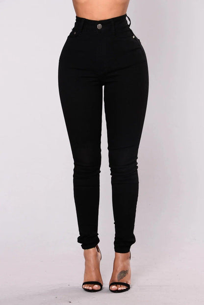 Women High Waist Stretch Hip Lift Denim Skinny Pants Jeans Full Length Sexy Slim Bleachded Solid Color Pants - MANDOTOS
