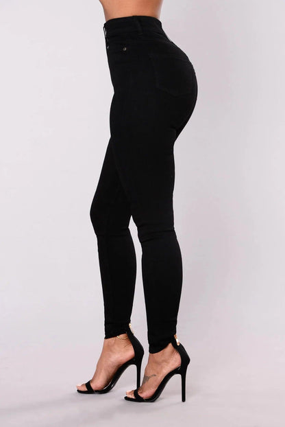 Women High Waist Stretch Hip Lift Denim Skinny Pants Jeans Full Length Sexy Slim Bleachded Solid Color Pants - MANDOTOS