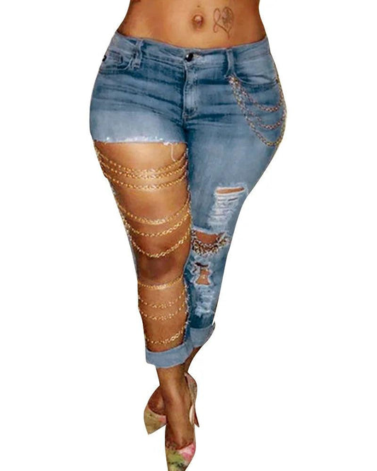 Women Jeans Pencil Pants Denim Sexy Big Holes Chain Washing Slim Pockets Streetwear Spring 2024 Slight Strech Solid Color - MANDOTOS
