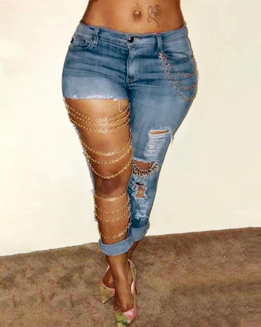 Women Jeans Pencil Pants Denim Sexy Big Holes Chain Washing Slim Pockets Streetwear Spring 2024 Slight Strech Solid Color - MANDOTOS