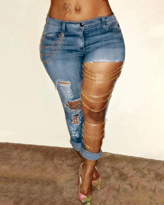 Women Jeans Pencil Pants Denim Sexy Big Holes Chain Washing Slim Pockets Streetwear Spring 2024 Slight Strech Solid Color - MANDOTOS