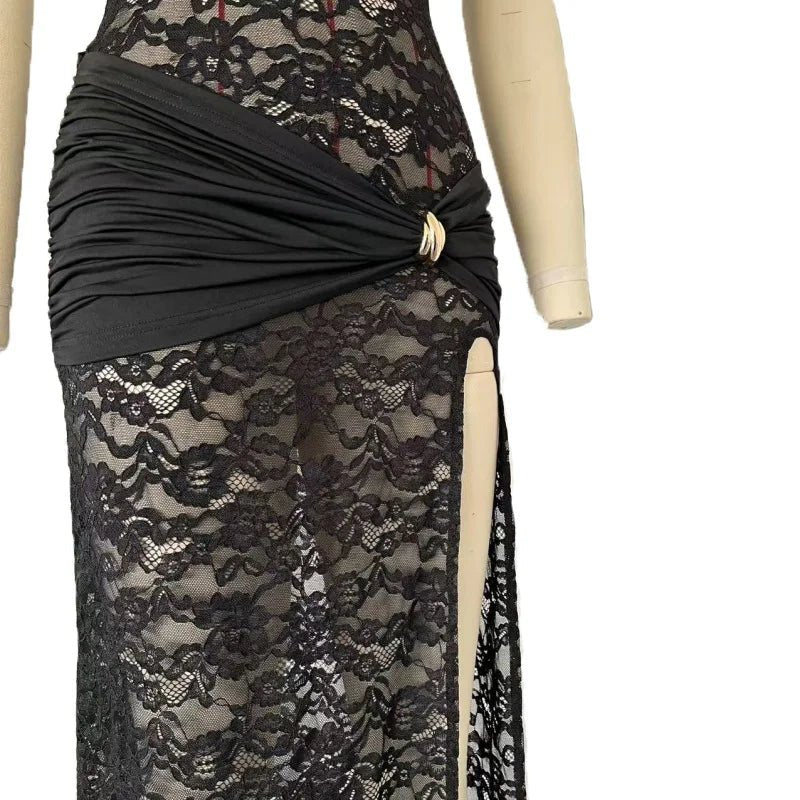 Sexy Lace Long Dress: Sleeveless High Slit Evening Party Clubwear Vintage Bodycon Vestidos - MANDOTOS INTERNATIONAL