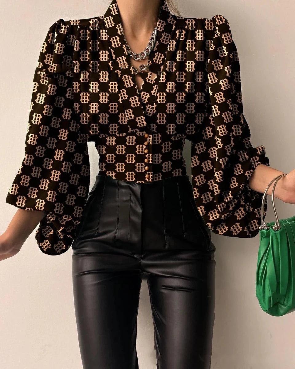 Women's Blouse Sexy Irregular V Neck Blusas Fashion Lantern Sleeve Solid Autumn Elegant Streetwear Casual Loose Tunic Top - MANDOTOS INTERNATIONAL