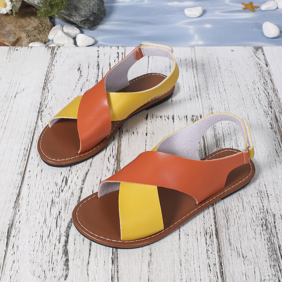Women's Color-Block Cross-Strap Flat Sandals - MANDOTOS INTERNATIONALFootwear