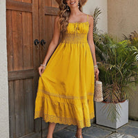 Mandotos French style cotton maxi dress for women with breathable fabric, embroidered hem, elastic waist, perfect for elegant summer wear.
