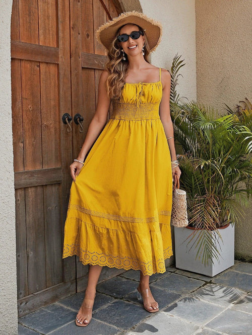 Women's Cotton Maxi Dress - Breathable Summer Dress With Embroidered Hem, Elastic Waist, And French Romantic Style - MANDOTOS