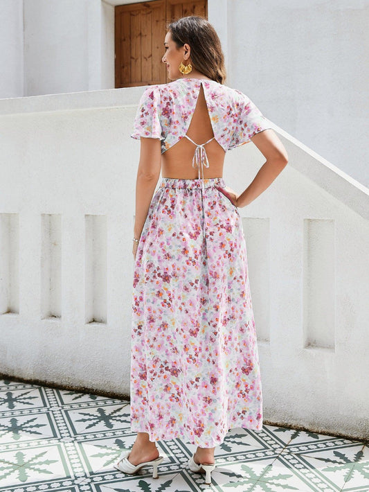 Women's Floral Print Maxi Dress - Elegant Vacation Dress With Ruffle Sleeves, Cutout Waist, And High Slit, Breathable Rayon Fabric - MANDOTOS