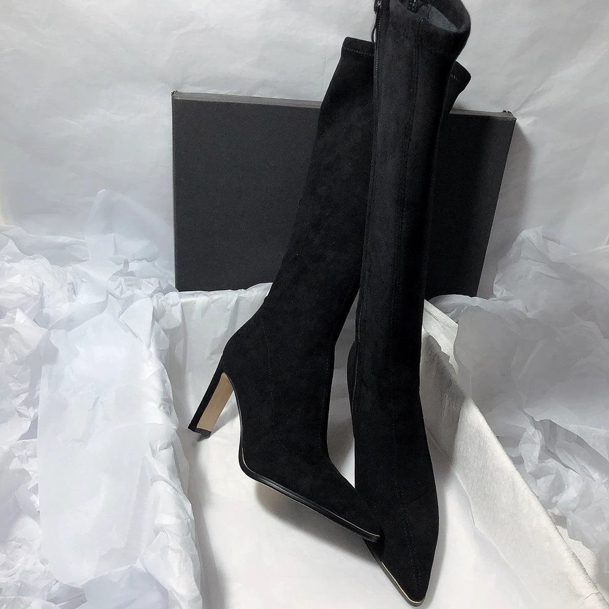 Women's High Heel Stretch Below The Knee Boots - MANDOTOS