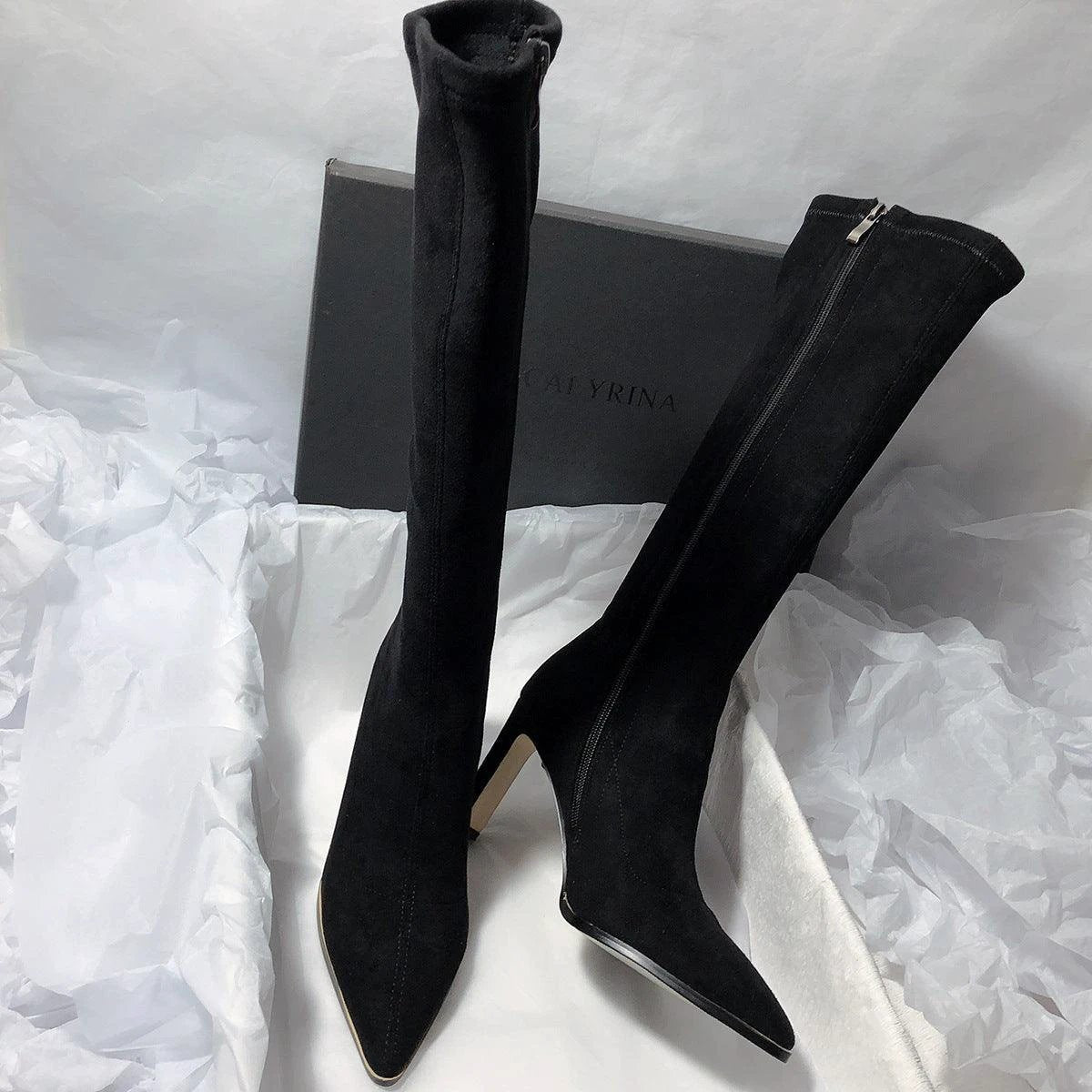 Women's High Heel Stretch Below The Knee Boots - MANDOTOS