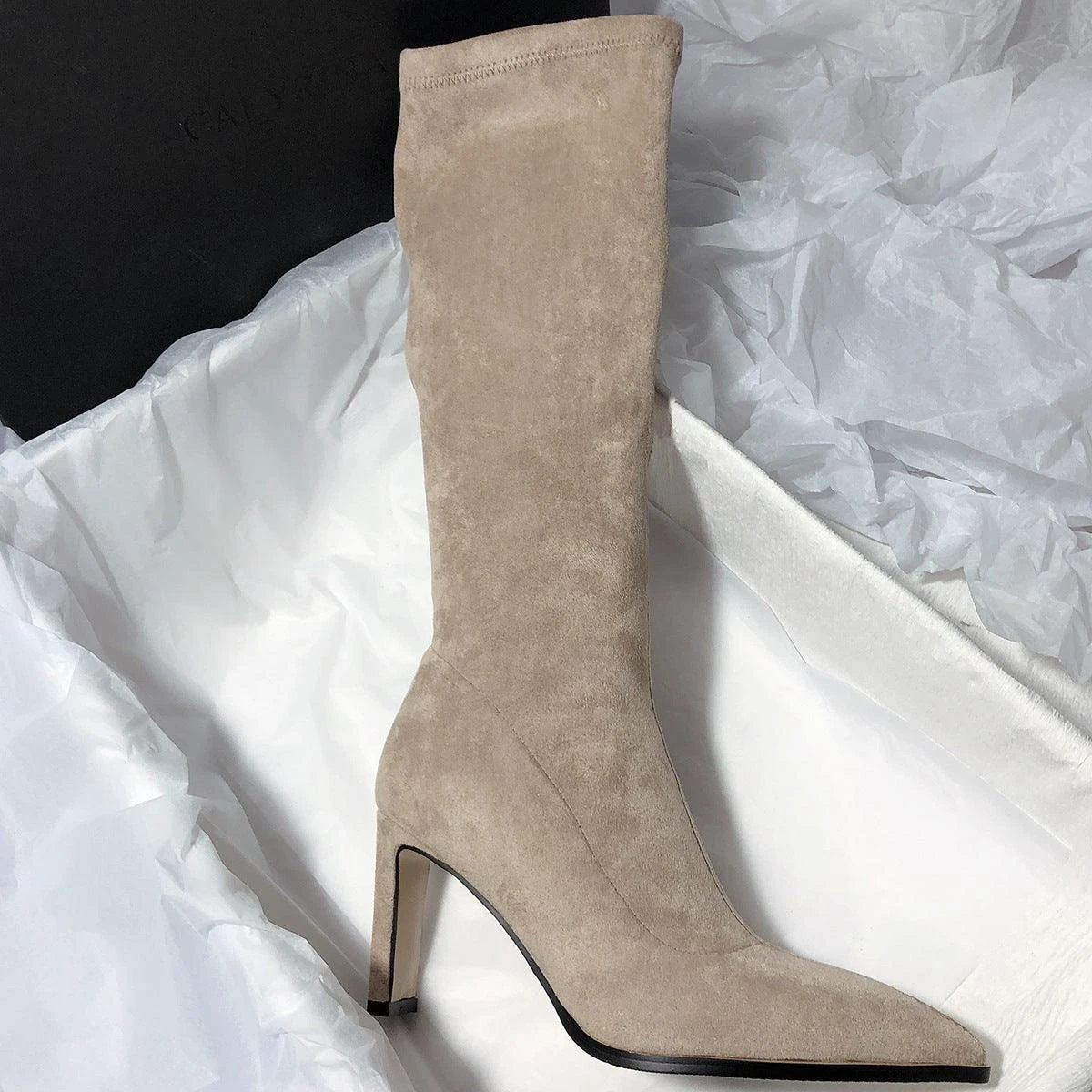 Women's High Heel Stretch Below The Knee Boots - MANDOTOS
