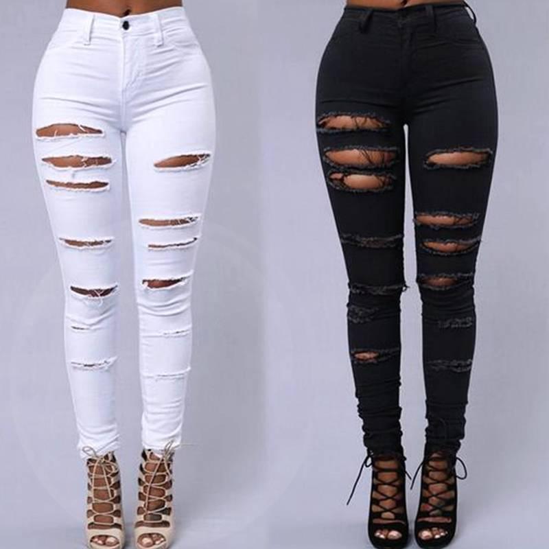 Women's Stretch Leggings Slim Slimming Jeans with Holes - MANDOTOS