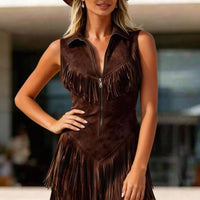 Women's Suede Western Tassel Sleeveless Slim-Fit Midi Dress - MANDOTOS INTERNATIONALDresses