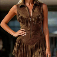 Women's Suede Western Tassel Sleeveless Slim-Fit Midi Dress - MANDOTOS INTERNATIONALDresses