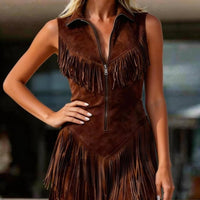 Women's Suede Western Tassel Sleeveless Slim-Fit Midi Dress - MANDOTOS INTERNATIONALDresses