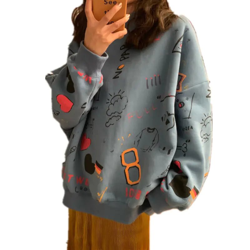 Chic Loose Women's Thick Long Sleeve Sweatshirt Dress in blue-gray with colorful doodles and hearts.